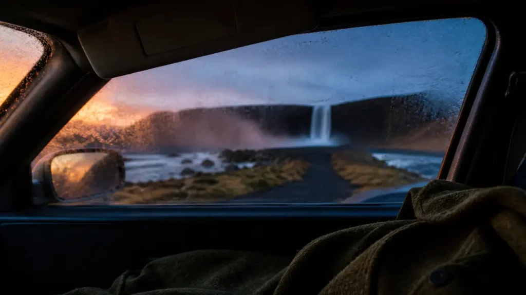 Voyage spirituel en Islande : route gravier vers cascade fumante
