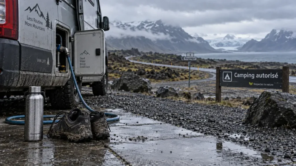 Aller en Islande en camping car : van garé, panneau camping autorisé