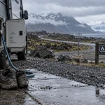 Aller en Islande en camping car : van garé, panneau camping autorisé