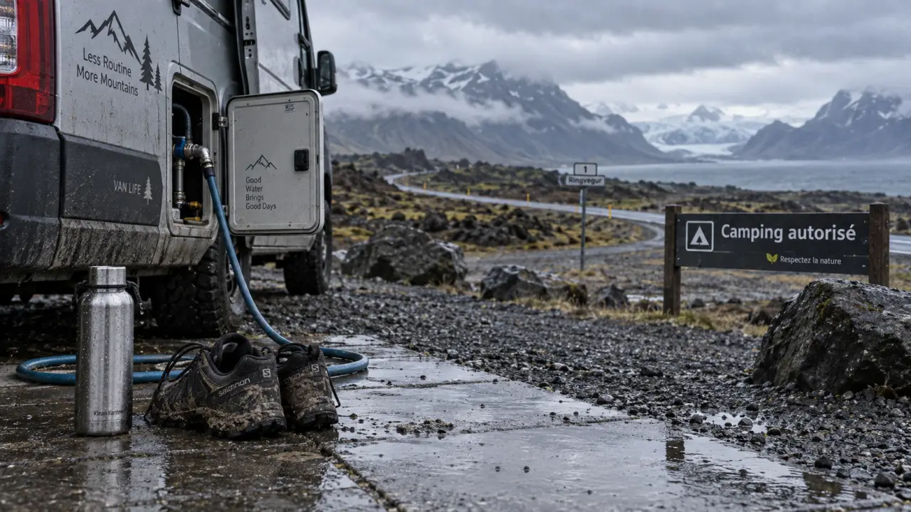 Aller en Islande en camping car : van garé, panneau camping autorisé