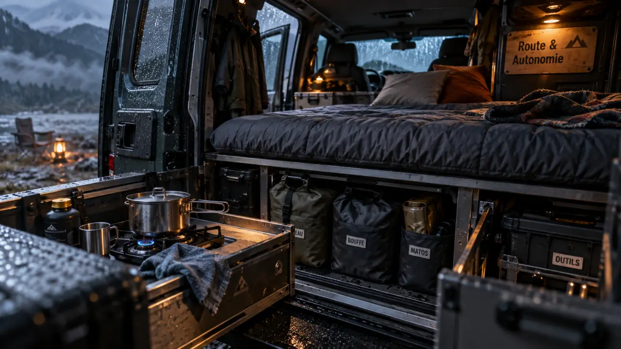 Amenagement 4x4 road trip : couchage isolé et cuisine pour dormir au chaud
