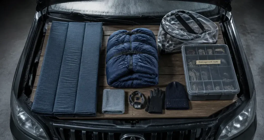 Amenagement voiture road trip : couchage au chaud dans le coffre aménagé
