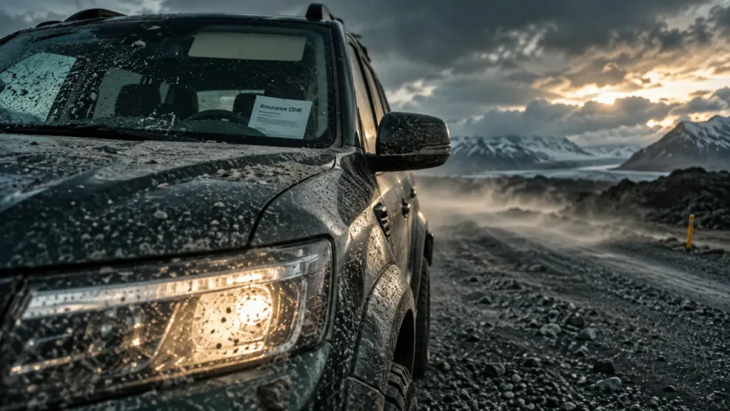 Assurance location voiture Islande sur route de gravier, vent et gués