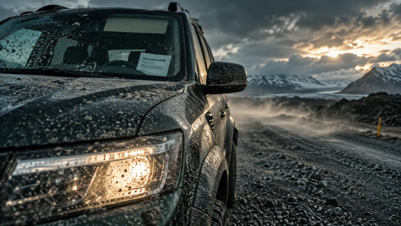 Assurance location voiture Islande sur route de gravier, vent et gués