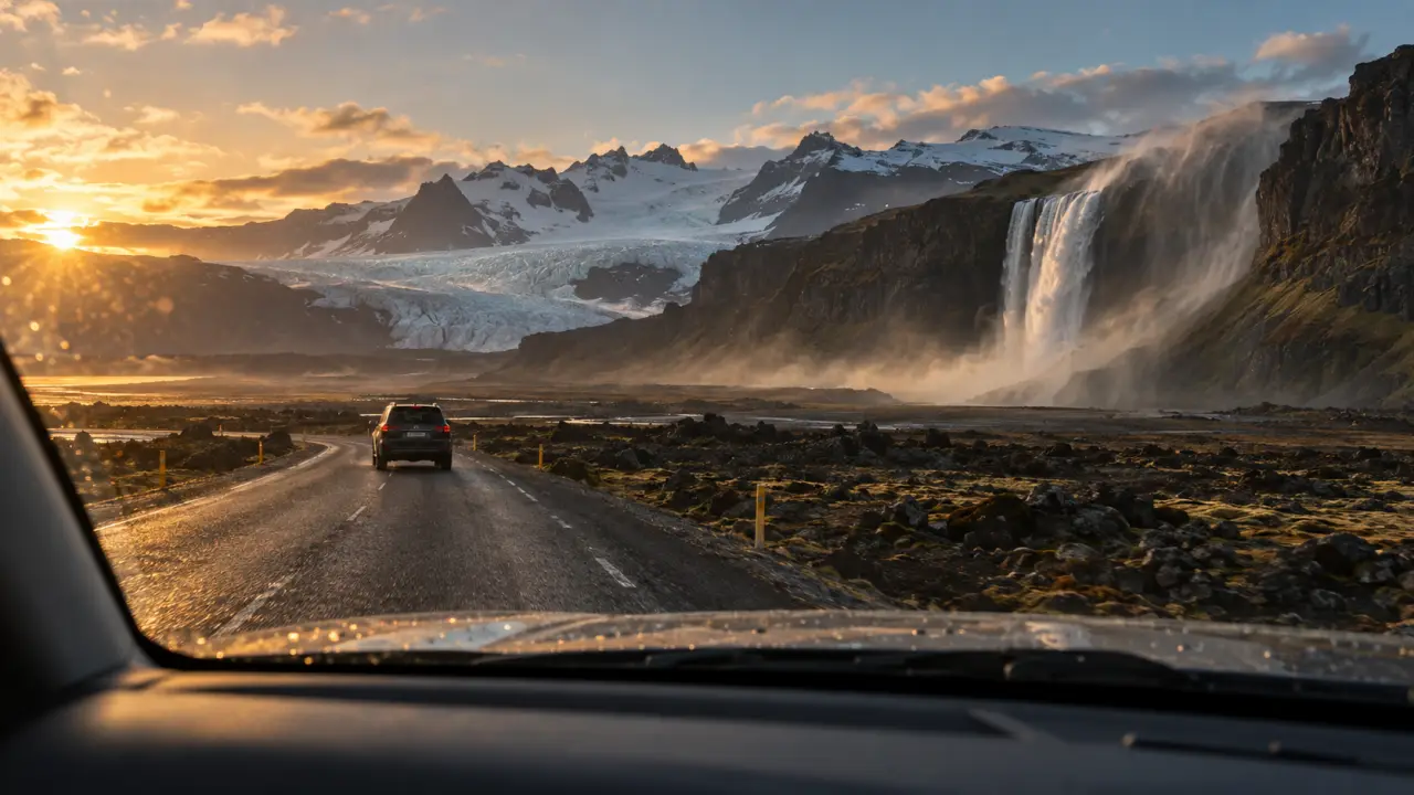 Avis voyage Islande : route circulaire, cascade et glacier au coucher du soleil
