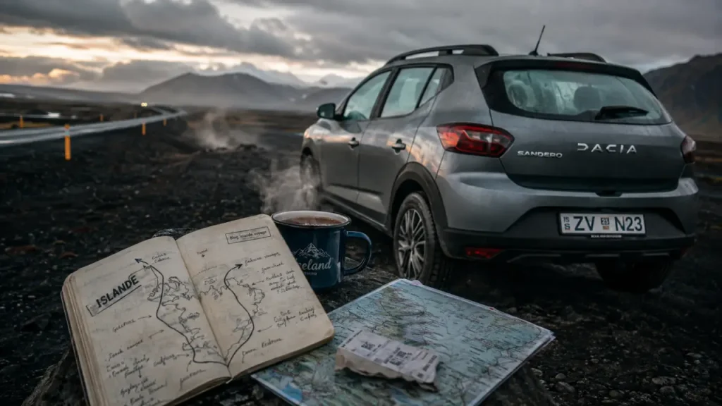 Blog Islande voyage : voiture de location sur parking gravel, itinéraire en carnet