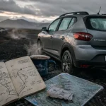 Blog Islande voyage : voiture de location sur parking gravel, itinéraire en carnet