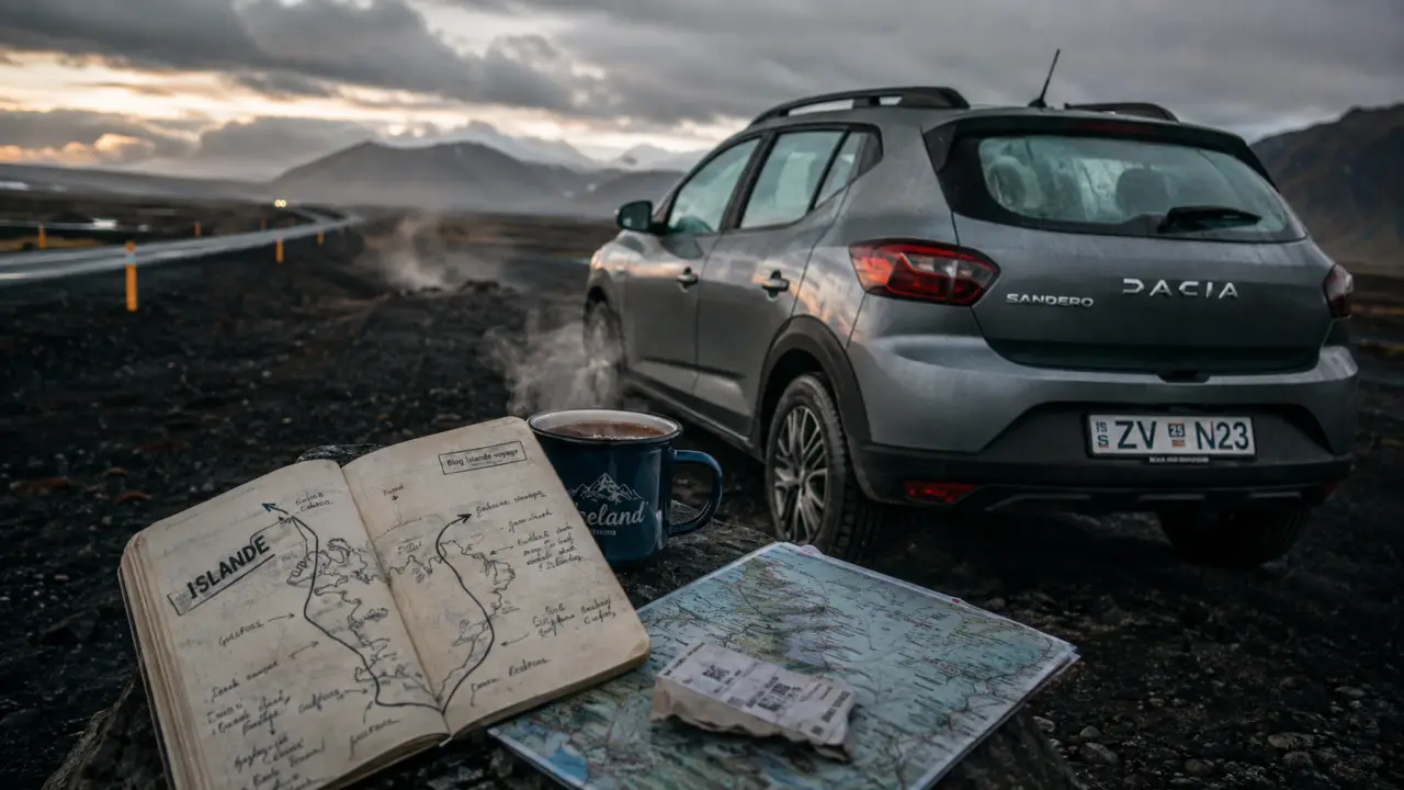 Blog Islande voyage : voiture de location sur parking gravel, itinéraire en carnet