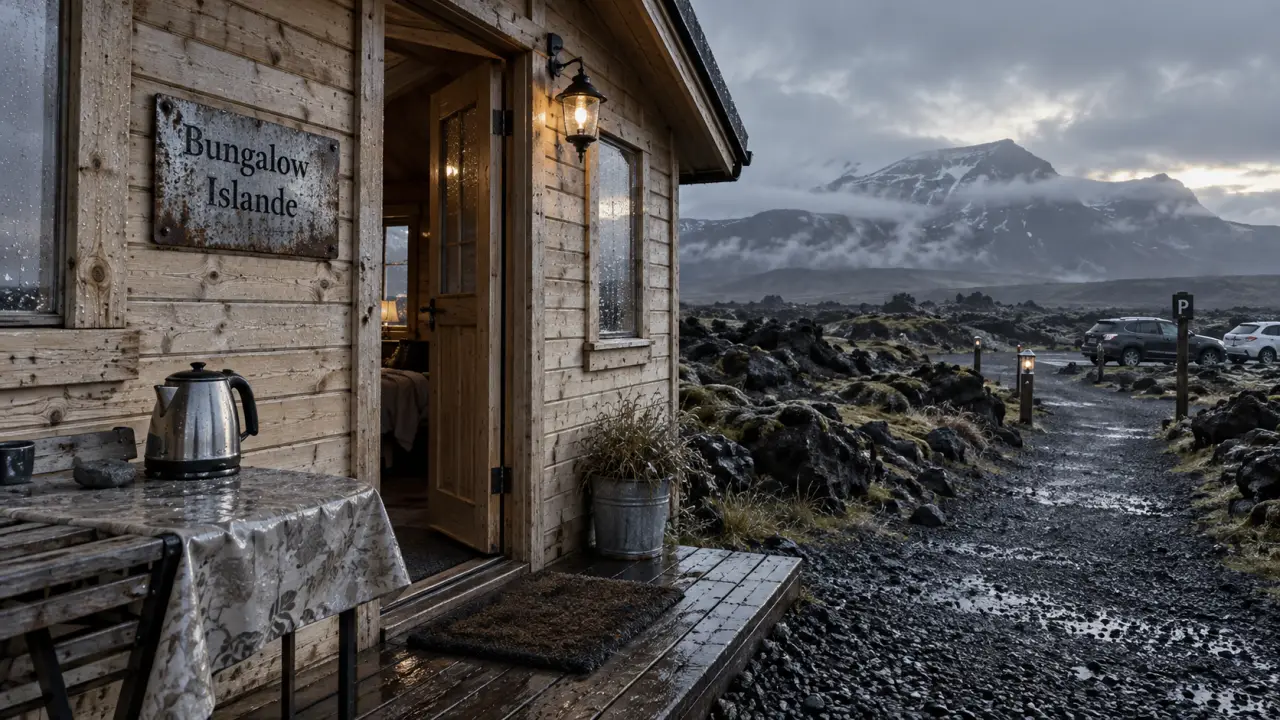 Camping bungalow Islande en bois, champ de lave, porte entrouverte
