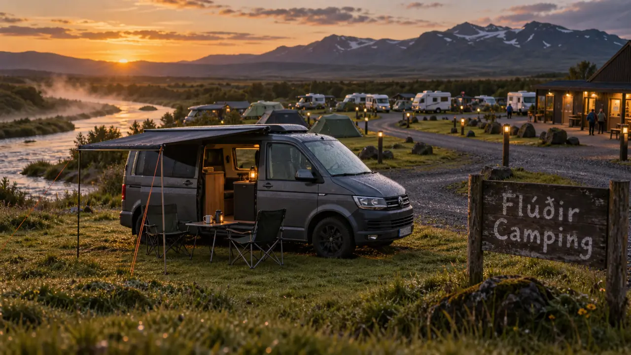 Camping fludir islande, van et tentes près de la rivière Litla Laxá