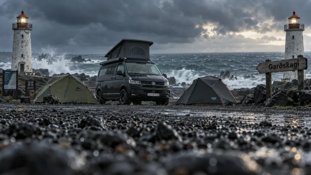 Camping gardur islande près des phares, océan Atlantique et van