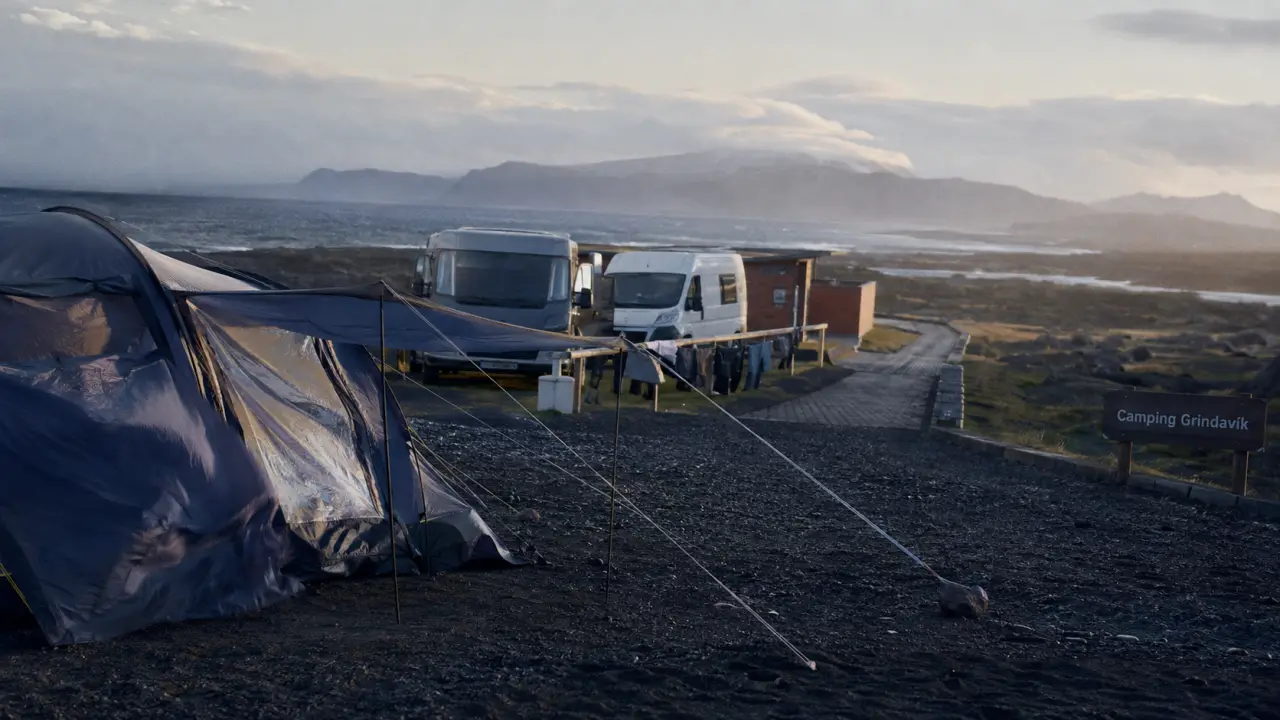 Camping grindavik islande : tente et vans au vent près de l’aéroport