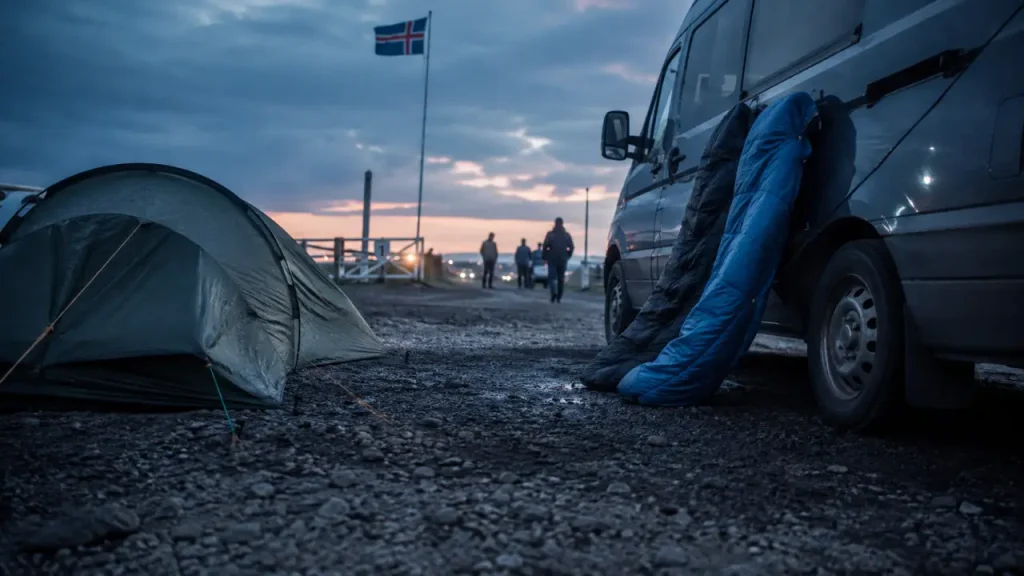 Camping hella islande : tente et camper van près de la Route 1