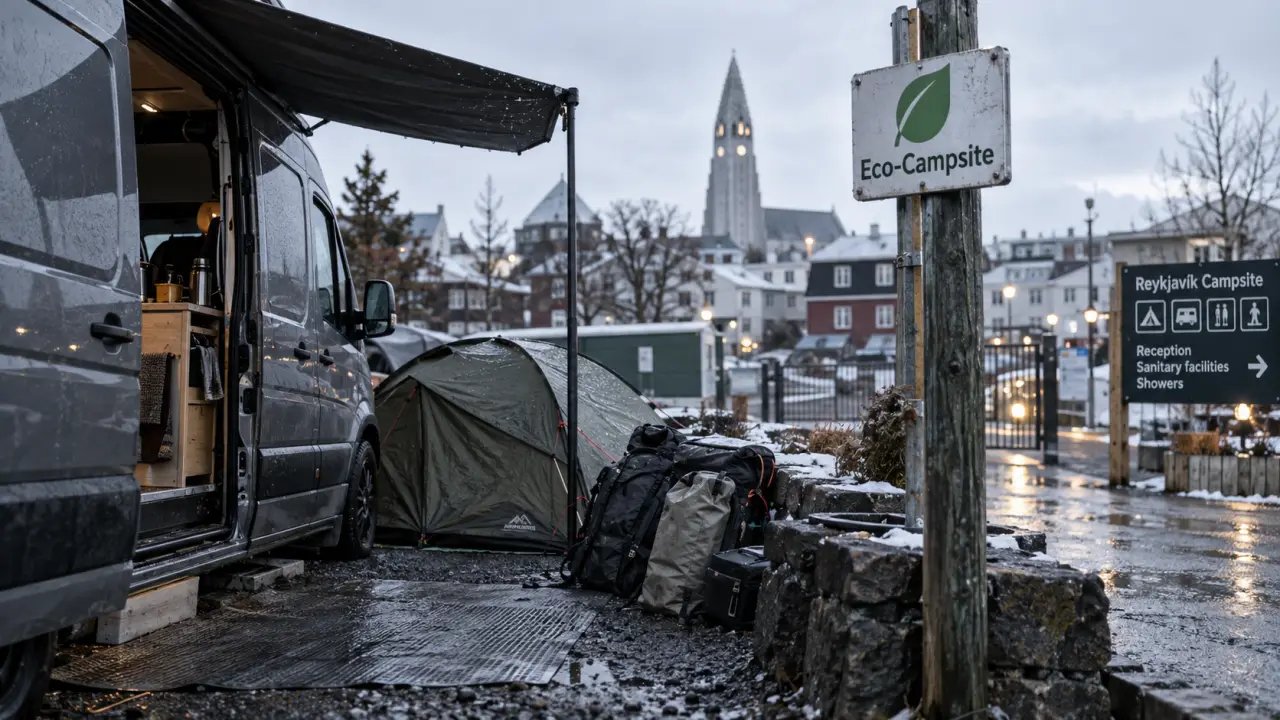 camping islande reykjavik : van et tente au Reykjavík Eco-Campsite en hiver