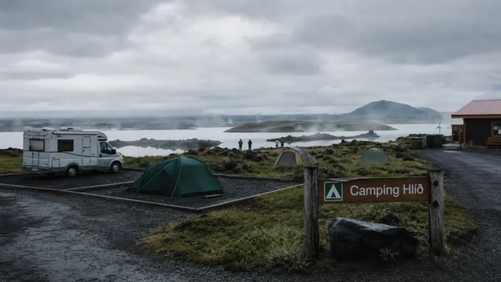 Camping myvatn islande : emplacements de tentes près du lac Mývatn, pancarte Camping Hlíð