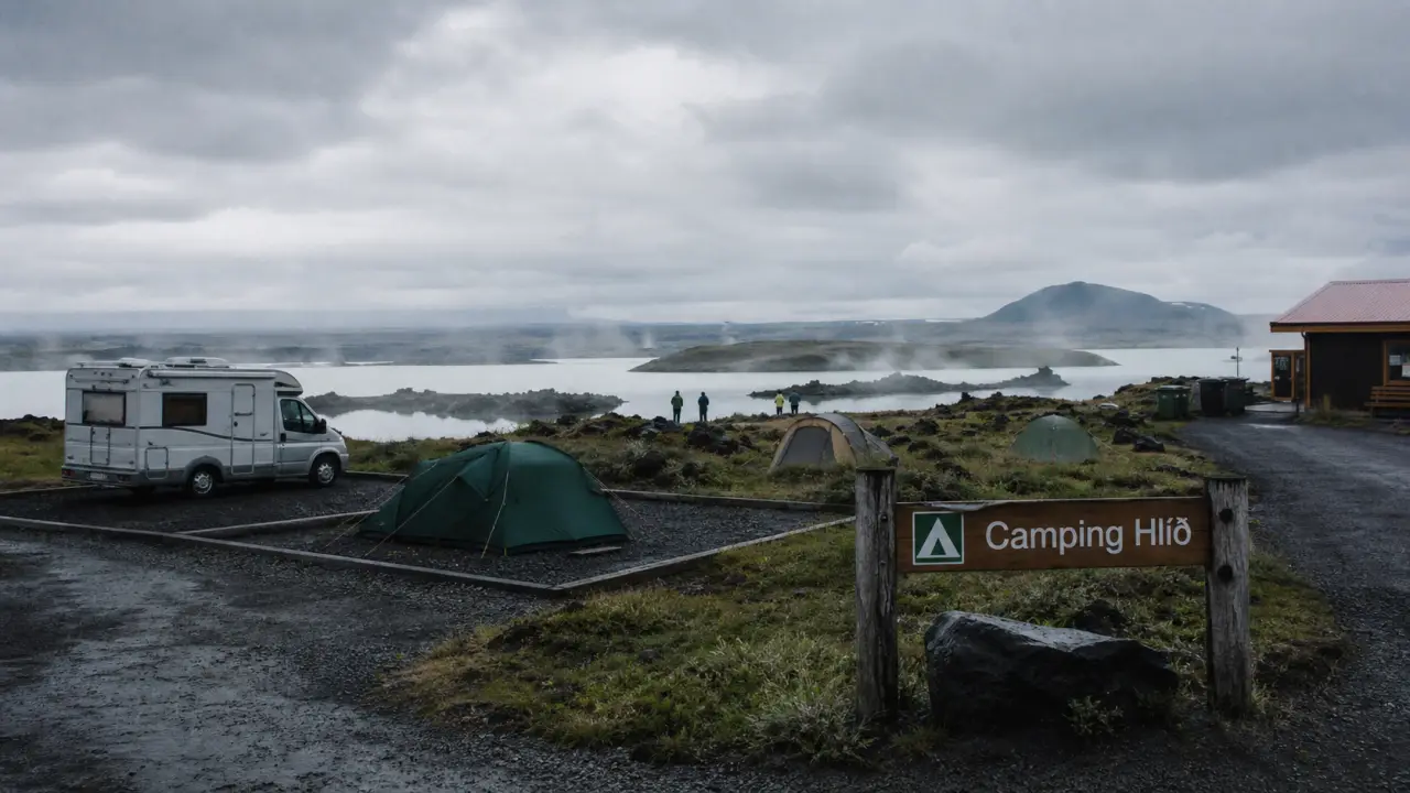 Camping myvatn islande : emplacements de tentes près du lac Mývatn, pancarte Camping Hlíð