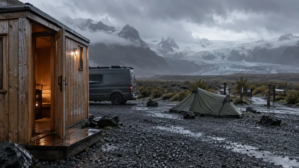 Camping svinafell islande : cabines chauffées, entrée de camping près du glacier