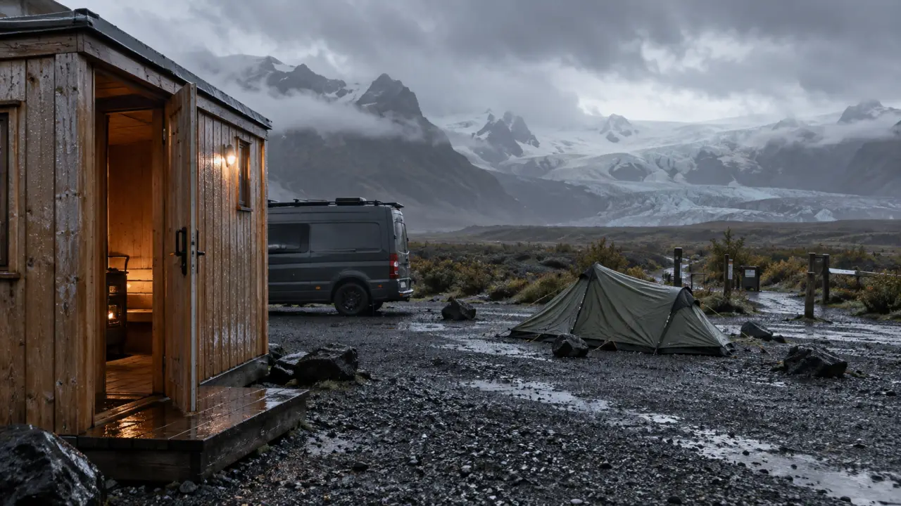 Camping svinafell islande : cabines chauffées, entrée de camping près du glacier