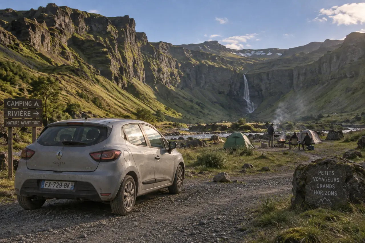 Camping thakgil islande : voiture vers un camping isolé en vallée volcanique