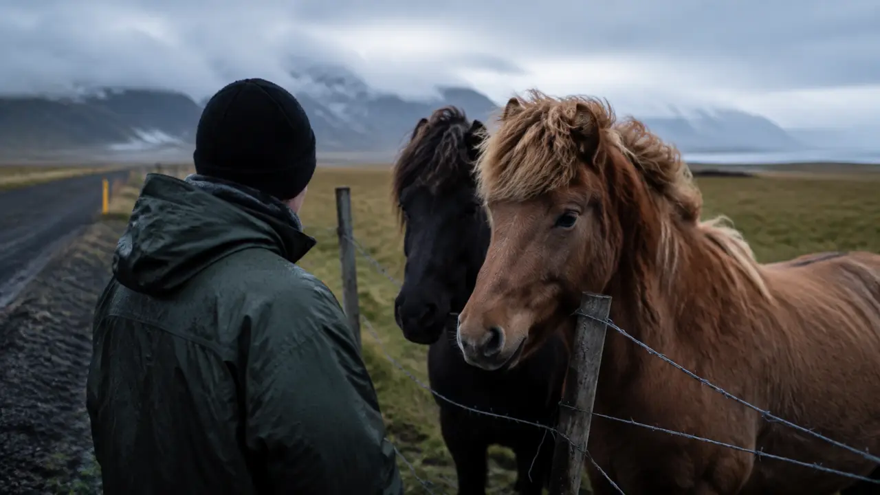 Cheval islandais dans la brume, crinière au vent près d’une clôture