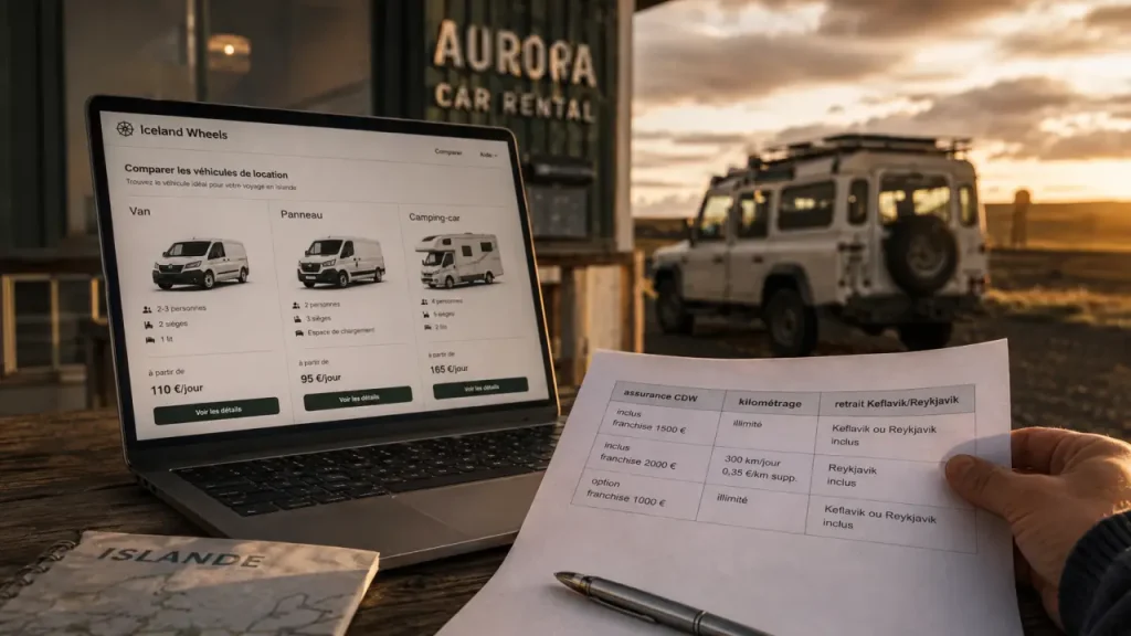 Comparateur location camping car Islande avec options assurance et retrait Keflavik