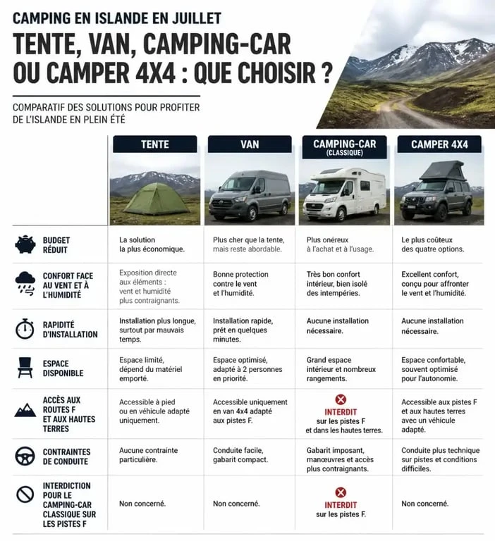Comparaison tente, van, camping-car et camper 4x4 pour le camping en Islande en juillet