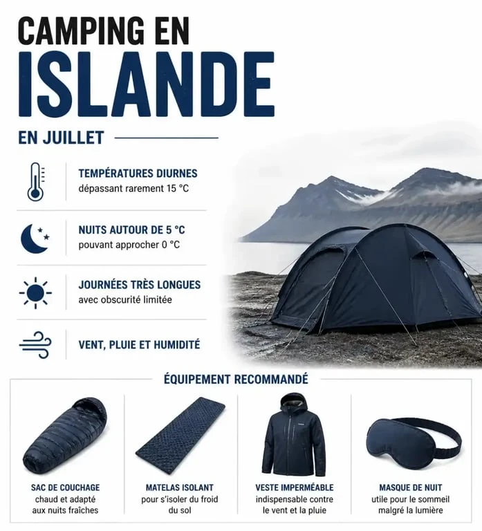 Infographie sur le camping en Islande en juillet : températures, lumière et équipement