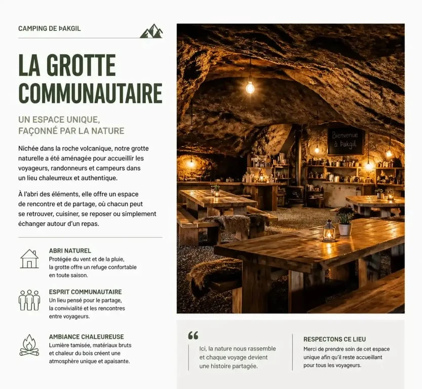 Grotte naturelle aménagée pour les campeurs au camping Þakgil, espace de vie communautaire.
