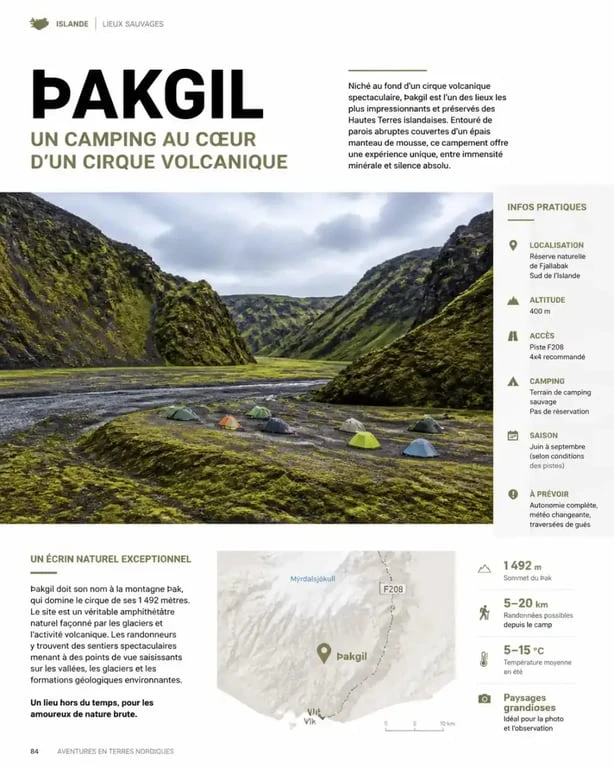Vue panoramique du camping Þakgil en Islande, un site isolé dans un cirque volcanique.
