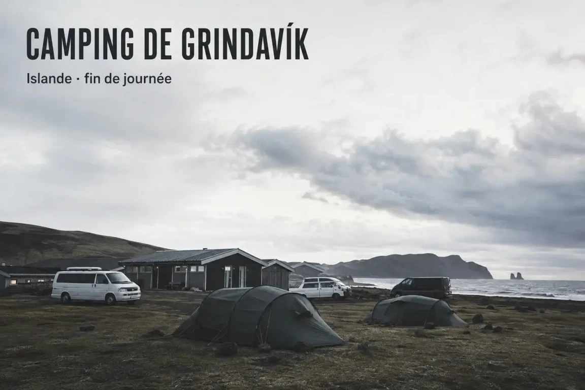 Camping grindavik islande dans un décor venteux de Reykjanes avec tentes et vans