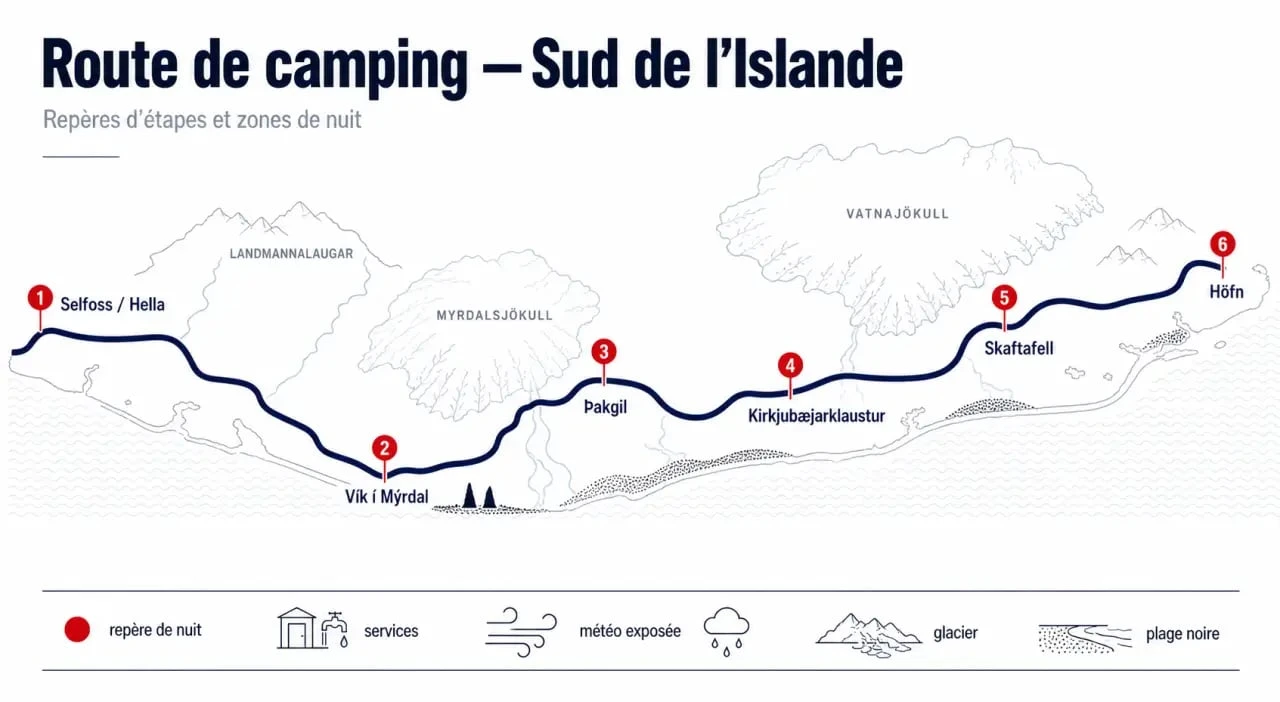 Camping sud Islande : carte éditoriale des étapes Selfoss, Vik, Skaftafell et Höfn