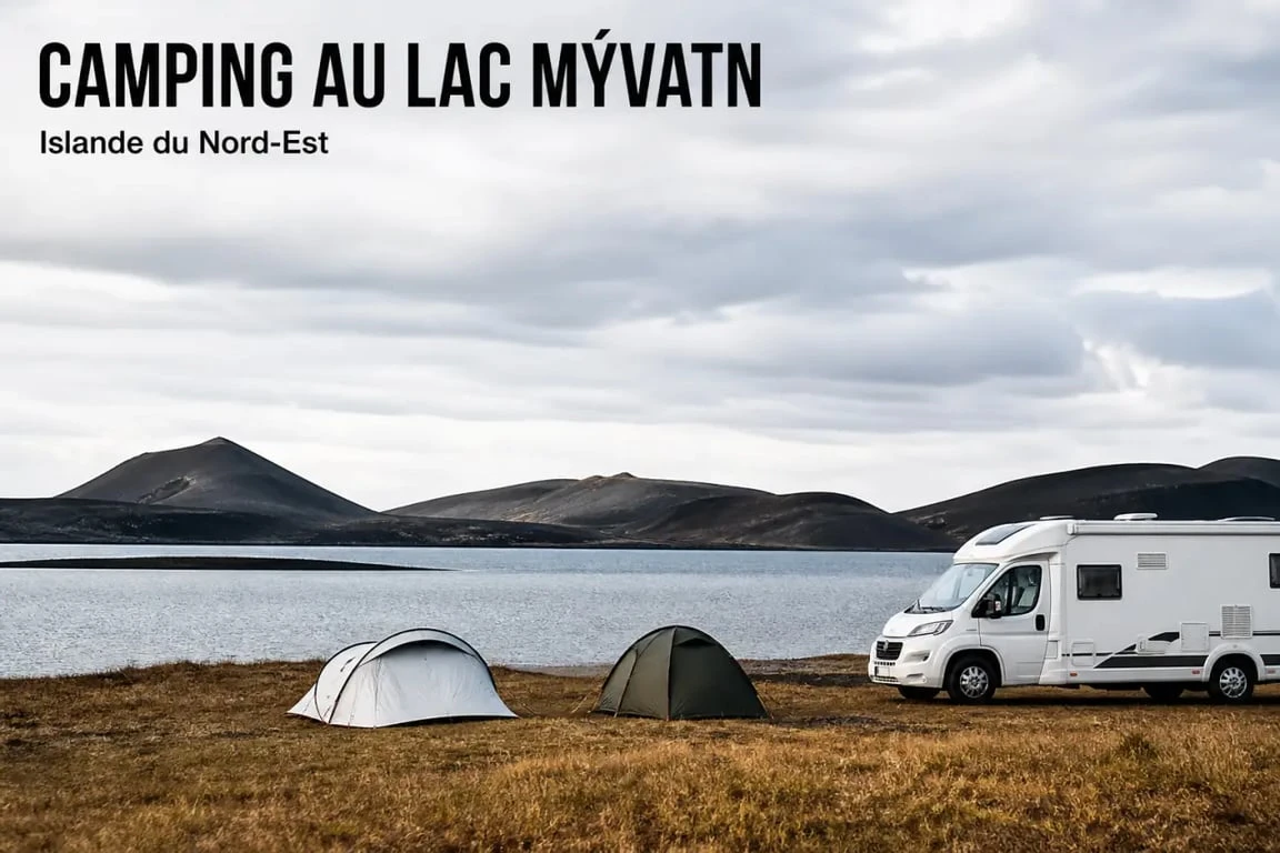 Camping myvatn islande au bord du lac Mývatn en Islande, avec tentes et camping-car dans un paysage volcanique
