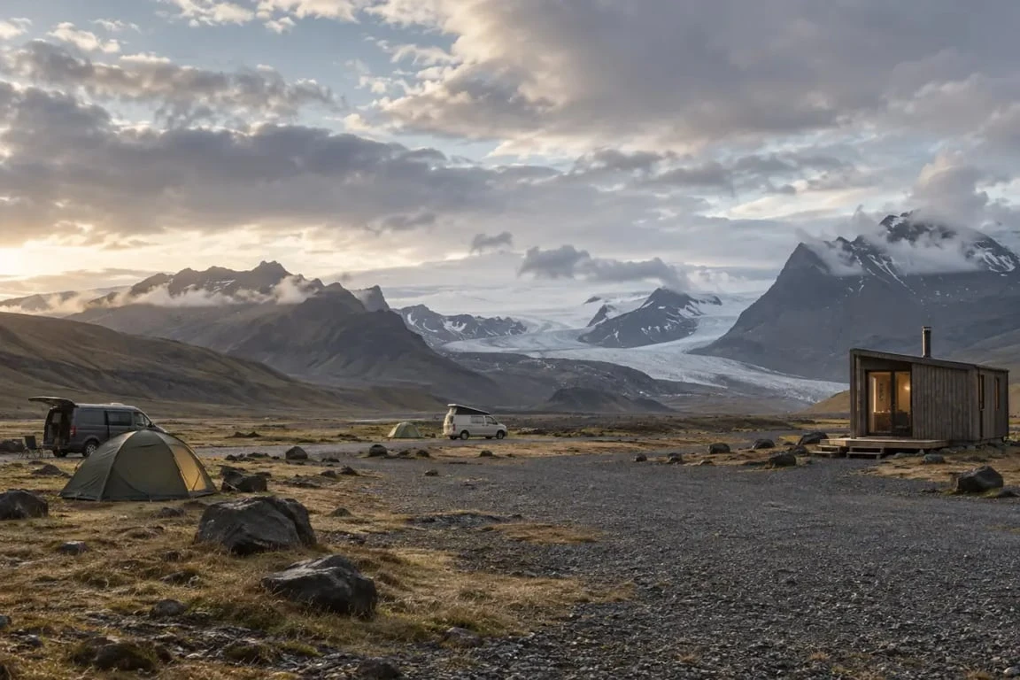Camping Svinafell en Islande avec cabines et paysages glaciaires près de Skaftafell