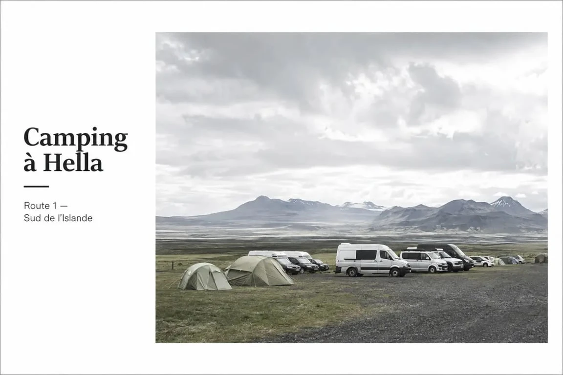Camping hella islande avec tentes et vans près de la Route 1 dans le sud de l’Islande