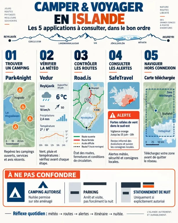 Infographie des applications de camping en Islande pour trouver un emplacement, vérifier les routes et voyager en sécurité