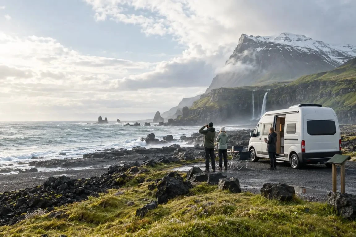 Voyage Islande en camping car près d'une cascade et d'une côte volcanique