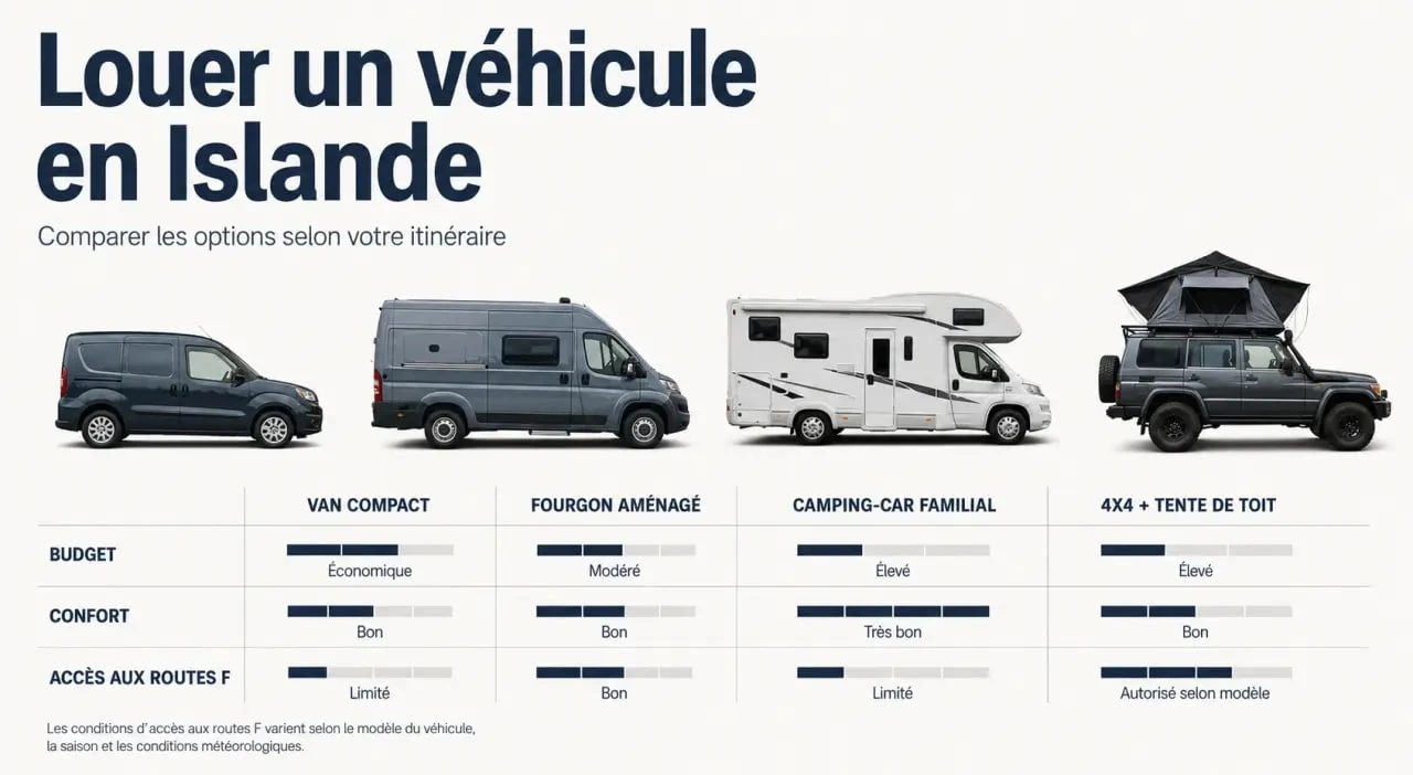 Comparateur location camping car islande : comparaison visuelle des véhicules et critères essentiels pour louer en Islande