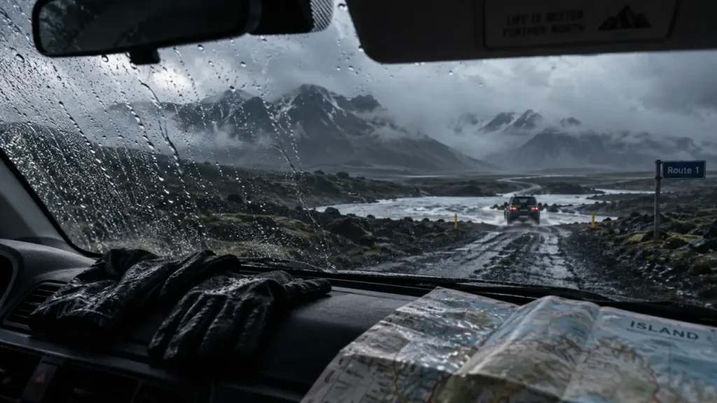 Faire un road trip en Islande : voiture sur Route 1, route humide, lave noire