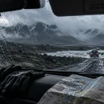 Faire un road trip en Islande : voiture sur Route 1, route humide, lave noire