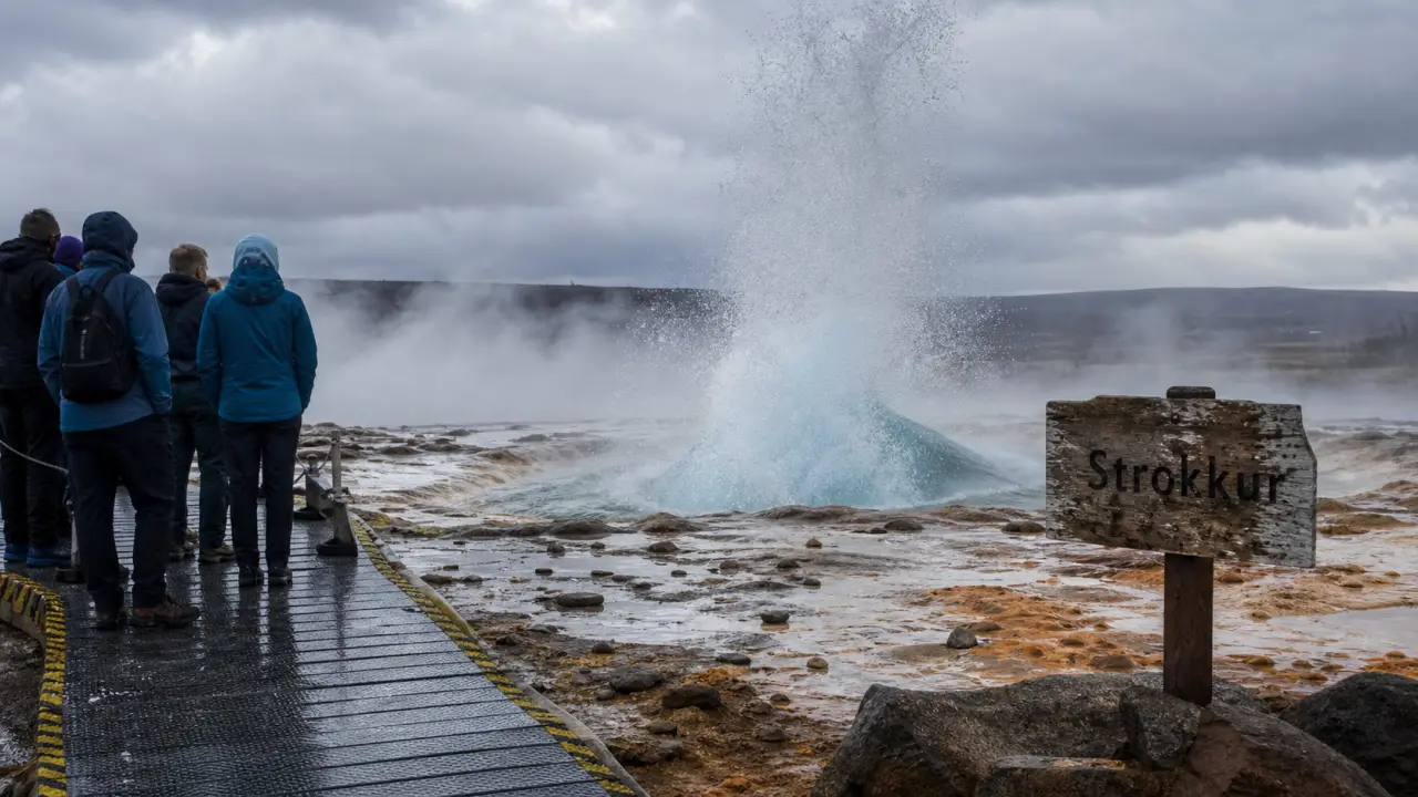 geyser islande Strokkur en éruption, vapeur et voyageurs sur le Cercle d’Or