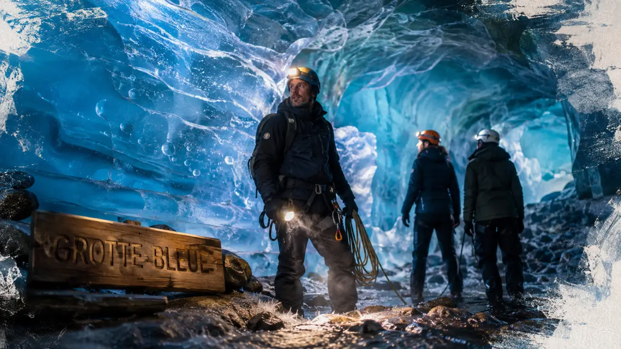 grotte de glace islande au Vatnajökull, entrée bleue avec guide