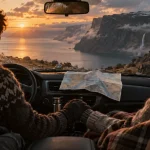 Islande voyage de noce : couple en road trip au coucher du soleil, route côtière
