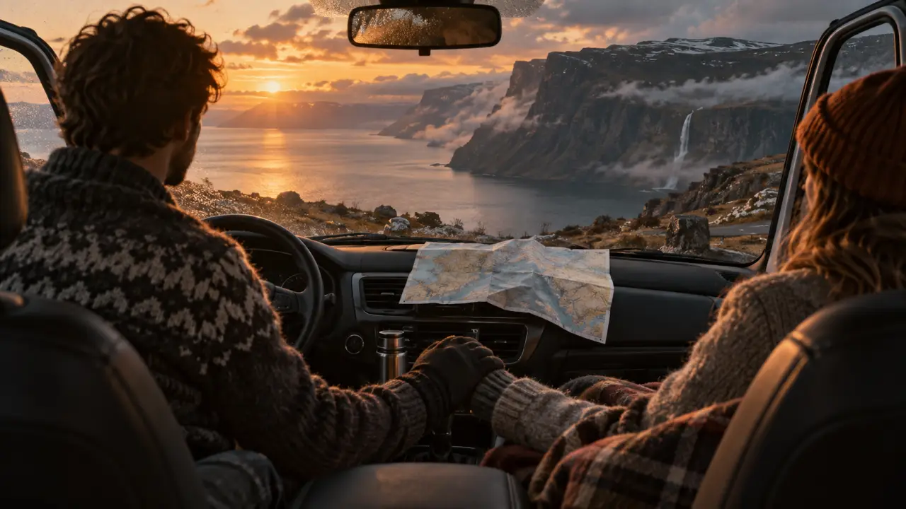 Islande voyage de noce : couple en road trip au coucher du soleil, route côtière
