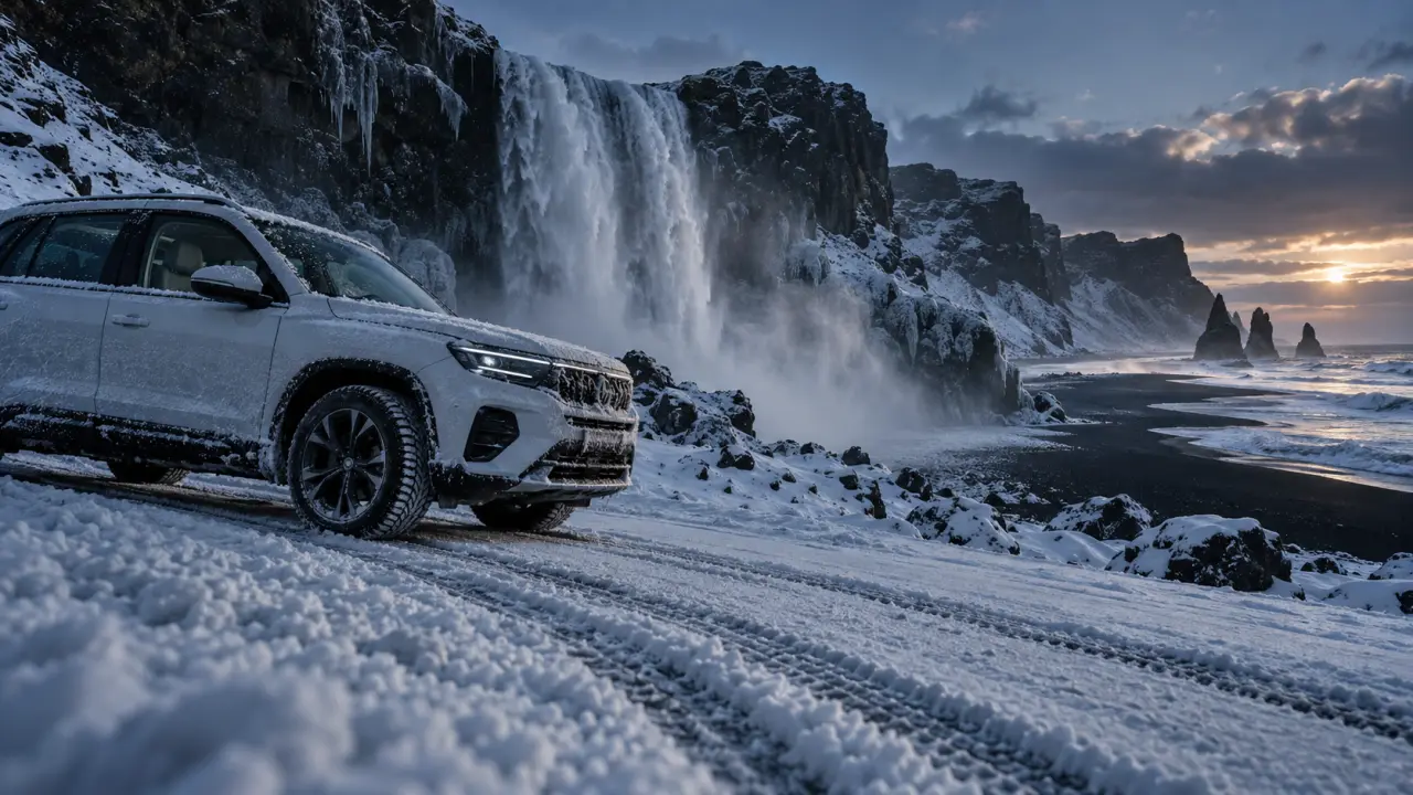 Itinéraire islande 10 jours hiver : SUV sur côte sud enneigée