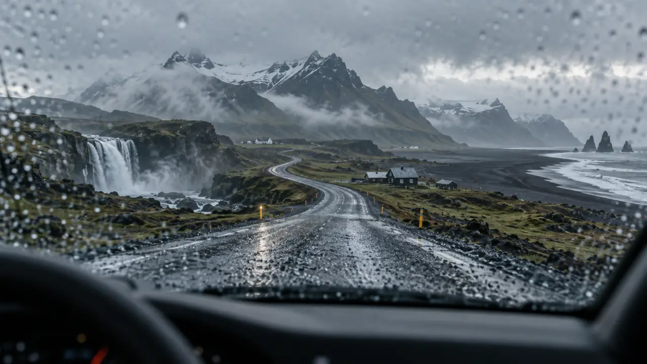 Itinéraire Islande 8 jours : route humide, cascade et sable noir