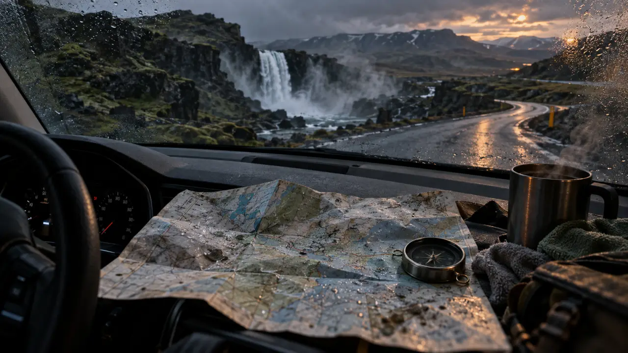Itinéraire voyage Islande : route sinueuse et cascade