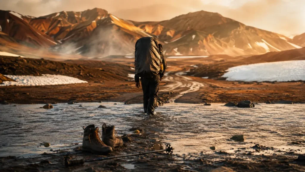 Sentier du Laugavegur, sable noir vers Landmannalaugar, chaussures et sac de randonnée.
