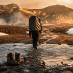 Sentier du Laugavegur, sable noir vers Landmannalaugar, chaussures et sac de randonnée.