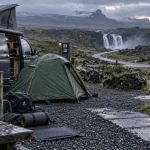 Liste des camping en islande : van aménagé et tente près de l’entrée d’un camping