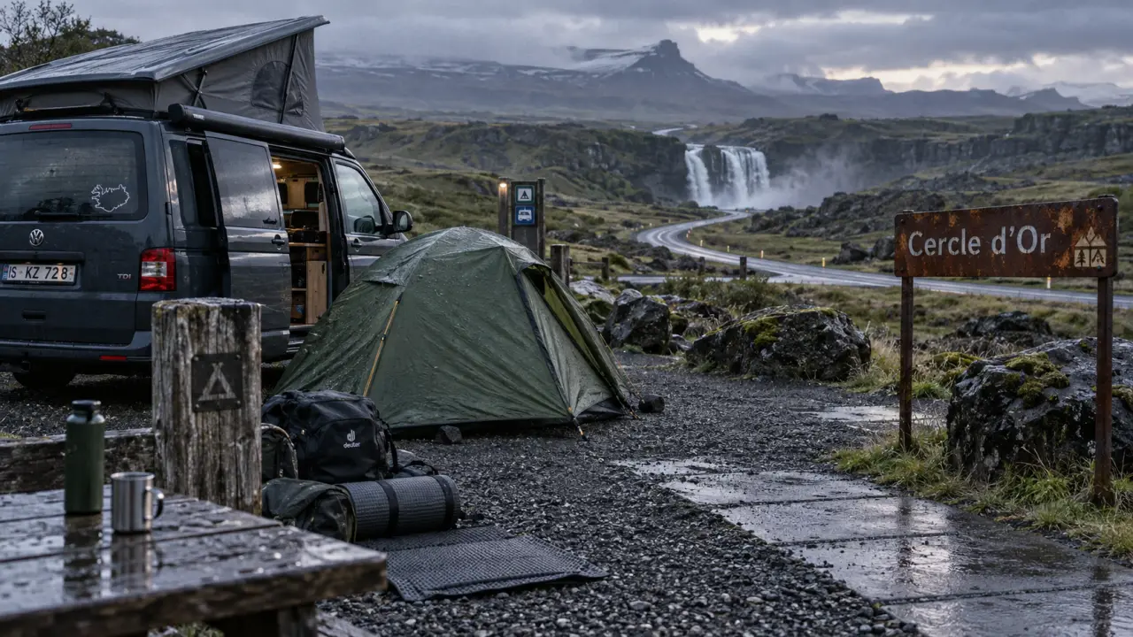 Liste des camping en islande : van aménagé et tente près de l’entrée d’un camping